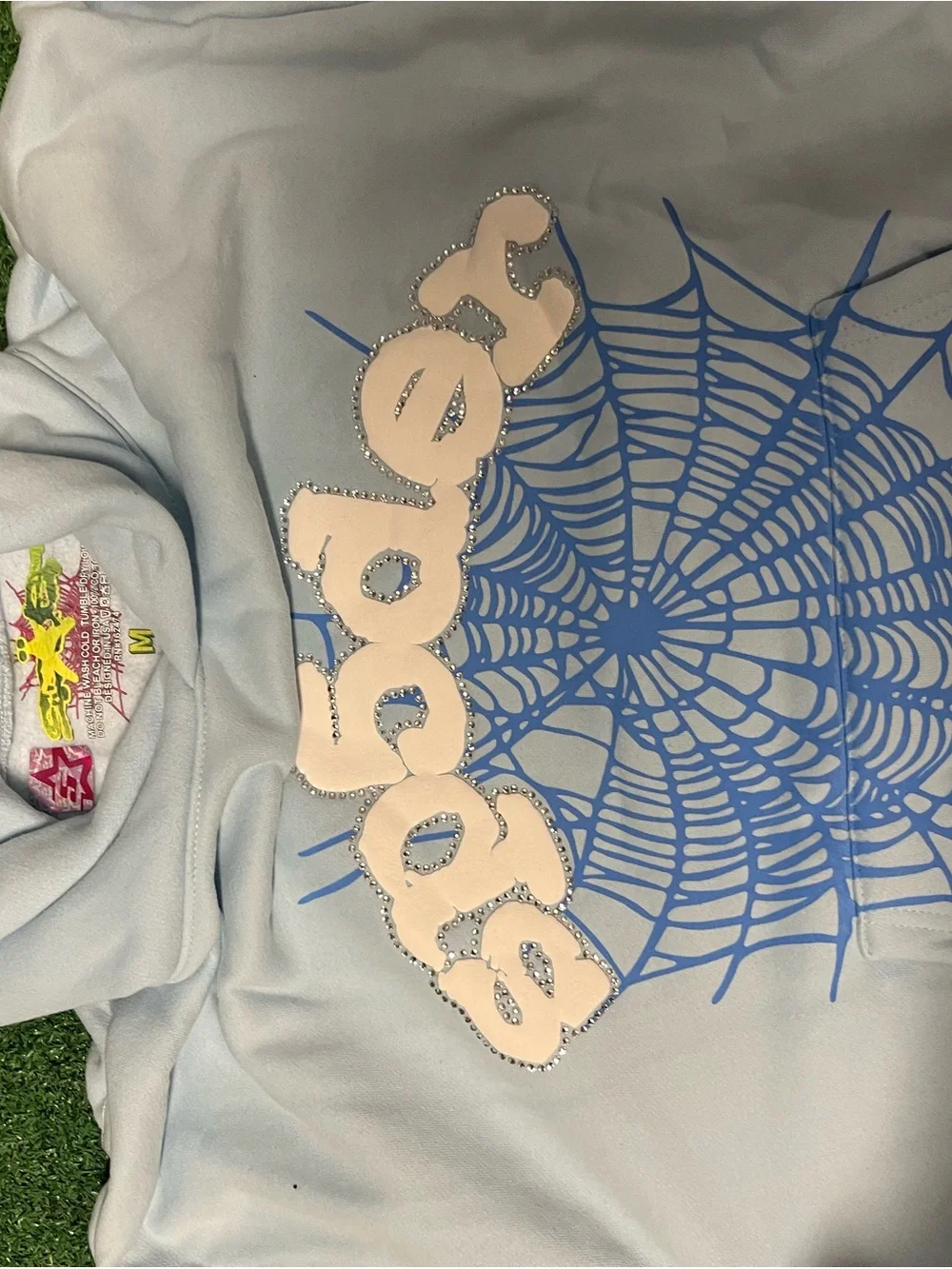 Ed Hardy Light Blue Pullover Hoodie with Spider Web Graphic